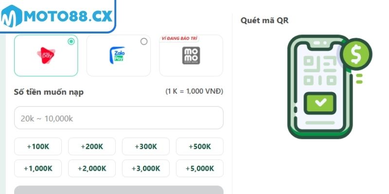 Điều kiện nạp tiền MOTO88

